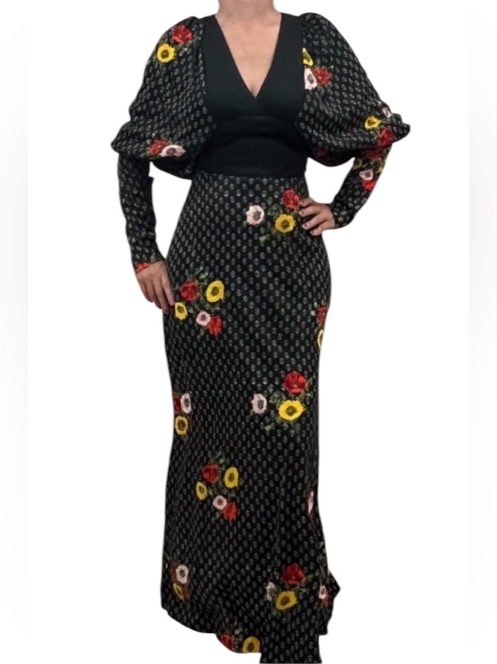 Vintage 60’s 70’s Retro Puffy Long Sleeve Floral Daisy Maxi Dress